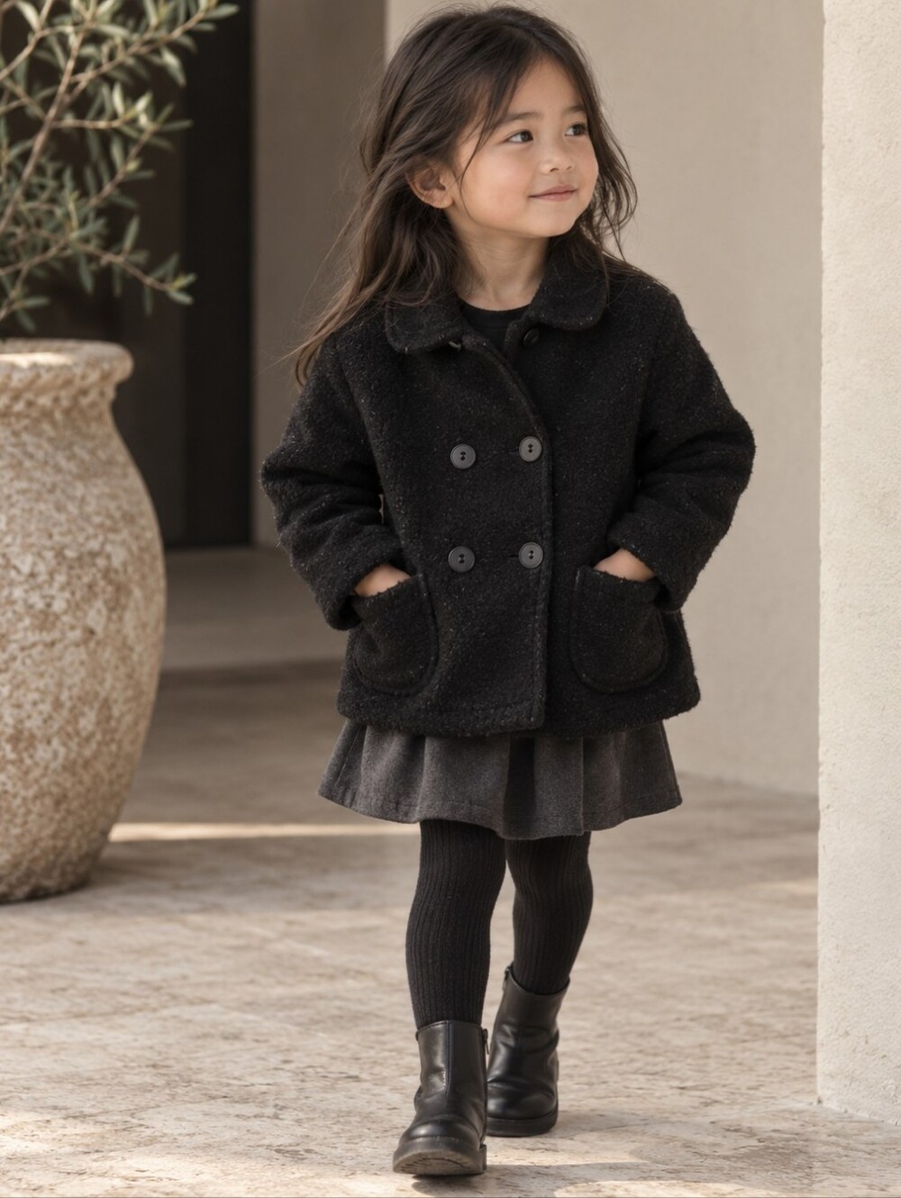 Zara Girls Black Teddy Boucle Double Breasted Coat Jacket Size 4T